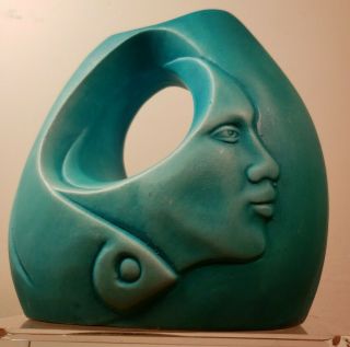 Rare American Art Pottery Matte Turquoise Vase 6 " Man & Fish