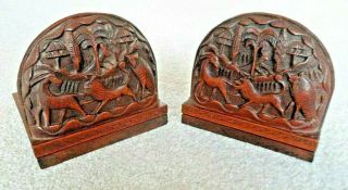 Antique/vintage Wooden Bookends With Relief Carving Of Trees & Animals.  Asian?