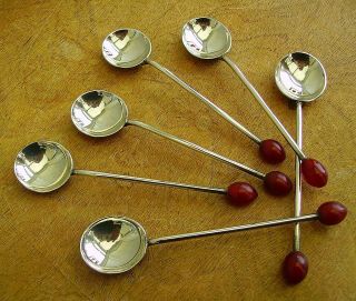 Vtg Old Art Deco Set 6 Silver Plated Coffee Bean Spoons Cherry Amber Bakelite