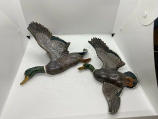 Rare Vtg Atlantic Mold Ceramic Flying Ducks A127,  2 Rustic Mallard Duck Decor