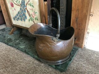 Vintage Helmet Shaped Solid Copper Fireplace Log / Coal Scuttle Bucket With Hand