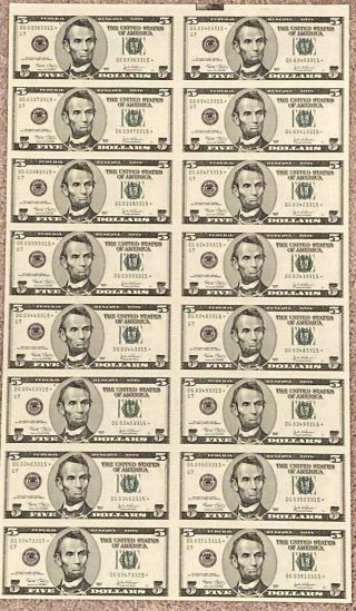 Rare 2003 $5 Uncut Star Sheet Of 16,  Chicago Dg Block Only 320,  000 Notes Made