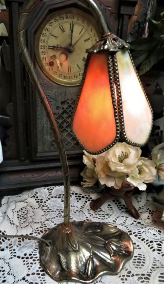 Gooseneck Slag Glass Brass Art Deco Table Lamp L&l Wmc Rare Vintage