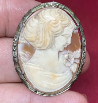 Antique 800 Silver Carved Cameo Shell Marcasite Brooch Pin Necklace Pendant