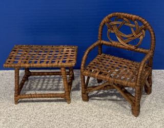 Wicker Rattan Doll Furniture 2 - Pc Set Chair Seat And Table