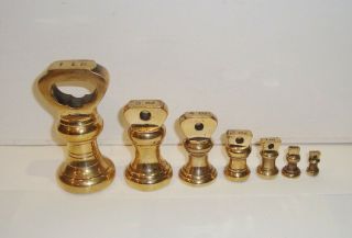 Antique Set Of Brass Scales Weights 1 Lb To 1/4oz Bell Shape Edwardian