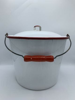 Vintage Antique Enamel Stock Bean Pot White Red Trim Wood Handle Lid Enamelware
