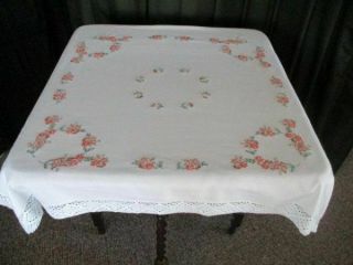 Vintage Tablecloth - Hand Embroidered Flowers With Lace Edge