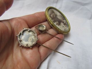 Antique Vintage Gilt Metal & Silver Tone Photo Brooch & 2 Photo Stick Pins