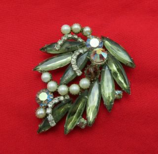 Vintage Rhinestone Brooch Pin Green Ab Clear Faceted Crystal Faux Pearl 473r