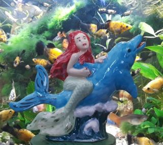 Vintage Antique Aquarium Fishbowl Ceramic Bisque Gorgeous Mermaid On A Dolphin