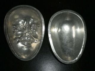 Vintage metal chocolate mould/mold - 2 half egg molds,  one with male face. 3