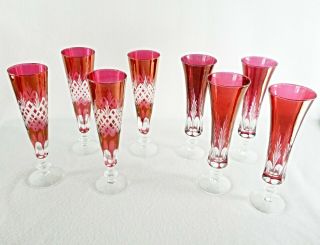 Rare 19th C Baccarat Flawless Crystal Palmettes 8 X Cranberry Champagne Goblet