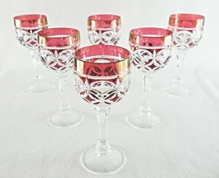 Rare Antique Baccarat Flawless Crystal 6 X Wine Goblet W/ Red Glass Overlay