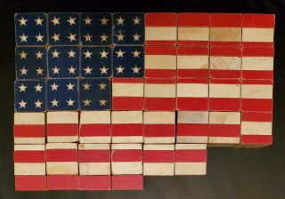Rare American Flag Toy Wood Blocks World War 2 Partial Set 48 Stars & Alphabet