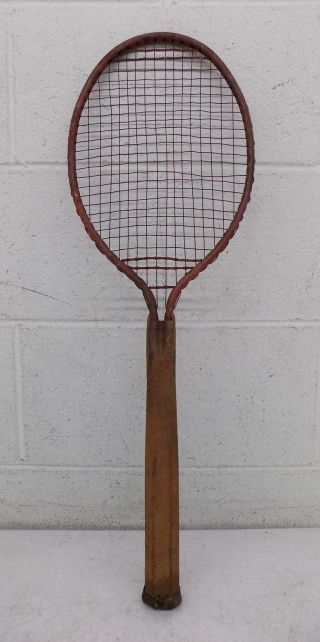 Antique Metal Tennis Racquet W/4 - 5/8 " Grip & Metal Strings Fast Look