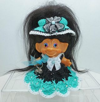 Vtg 1960s 3 " Troll - Black Hair - Turquoise Crochet Dress - Christmas Bells