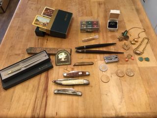 Vintage Antique Junk Drawer Knives,  Currency,  Sterling,  Jewelry,  Fountain Pens