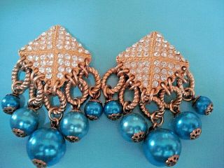 Rare Vintage Rhinestones & Blue Dangle Beads Gold Tone Clip On Earrings