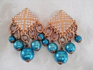 RARE Vintage Rhinestones & Blue Dangle Beads Gold tone Clip on Earrings 2
