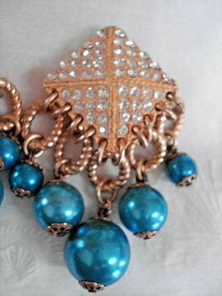 RARE Vintage Rhinestones & Blue Dangle Beads Gold tone Clip on Earrings 3