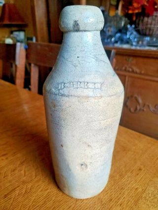 Antique Salt Glazed Stoneware Bottle Marked B Green