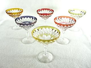 Rare Antique Baccarat Flawless Crystal 6 X Multi - Color Champagne Goblet Deep Cut