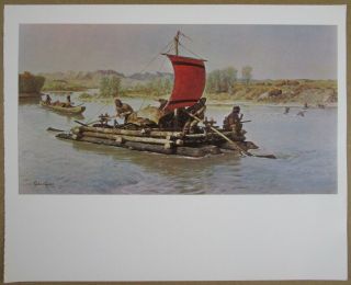 Vintage John Clymer Art BRINGING OUT THE FURS Full Color Plate Trapper Raft Flag 2