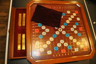 Rare Franklin Scrabble Game Board W/ 100 Gold Plated Letters Scorsheets Bag