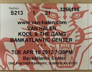 Rare Van Halen / Kool & The Gang 4/10/12 Sunrise,  Fl Concert Ticket Stub