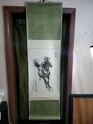 Signed Large Chinese Scroll Painting Of Asian Horse Figure 63 X 18 Inches