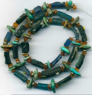 Roman Ancient Blue Glass Beads Encrusted Heishi Baltic Amber Centuries Old 18 "