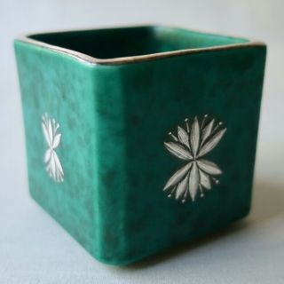Vintage Art Deco Labeled Gustavsberg Sweden Pottery / Silver Cube Vase