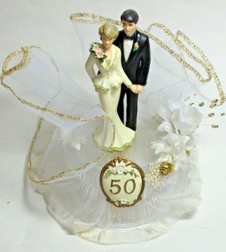 Vtg 50th Gold Golden Wedding Anniversary Cake Topper Blond Bride Dark Hair Groom