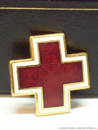 Vintage American Red Cross Volunteer Pin Cut Out Enamel Gold Tone Arc Badge