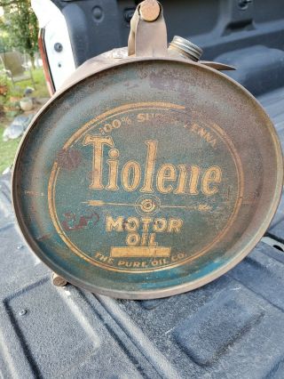 Rare PURE Tiolene 5 Gallon Rocker Motor Oil Can Antique Gas Station sign Antique 6