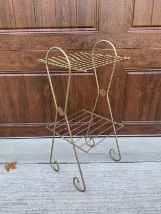 Vintage Atomic Mid Century Modern Metal Gold Wire 2 Tier Shelf Stand Table Mcm