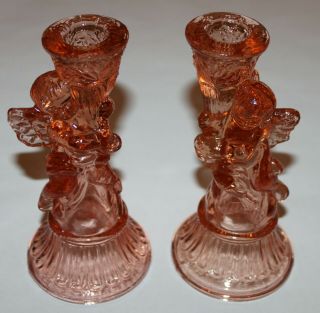 Two Pink Vintage Glass Angel Cherub Single Candlestick Holders Rare