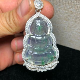 Chinese Old Handwork Jewelry Jade Jadeite Carved Tibet Silver Kwan - Yin Pendant