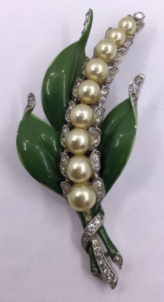 Rare Enamel Trifari Fur Clip Green - Pearls - Rhinestones 1940s (c639)