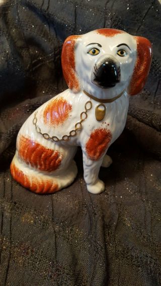 One Old Or Antique Staffordshire Spaniel Dogs Crackleware Orange 9 Inches
