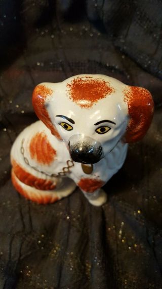 One Old or Antique Staffordshire Spaniel Dogs Crackleware Orange 9 Inches 2