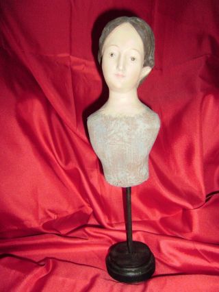 Rare Antiquated 9 1/4 Inch Wooden Santos Doll Bust On Pedestal