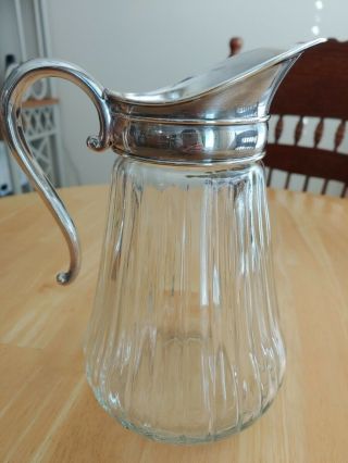 Vintage Ribbed Glass Water Pitcher Silver Plate Handle,  Collar And Spout