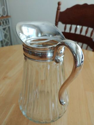 VINTAGE Ribbed Glass Water Pitcher SILVER PLATE Handle,  Collar and Spout 2