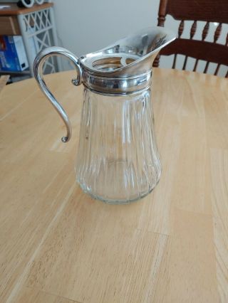 VINTAGE Ribbed Glass Water Pitcher SILVER PLATE Handle,  Collar and Spout 3