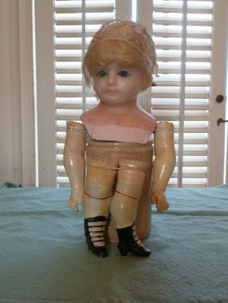 Wax Over Papier Mache Lady Doll Head Glass Blown Eyes Arms Legs W/painted Boots