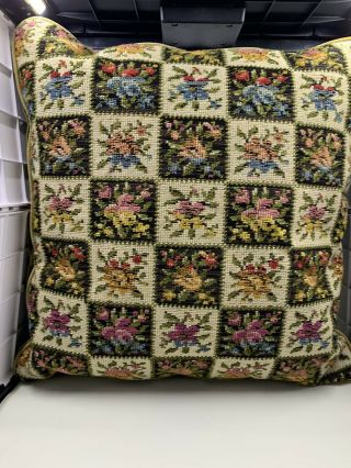Vintage Floral Tapestry Needlepoint Throw Pillow Green Velvet Back 16x16