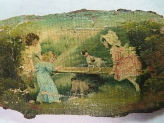 Antique Folk Art Wall Plaque Post Card Mounted On Wood And Painted Over