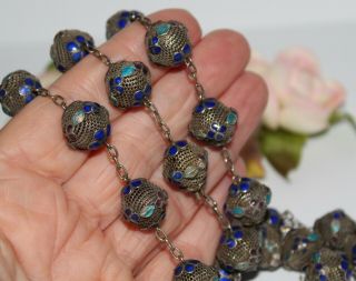 Antique Chinese Export Silver Mesh Cloisonne Enamel Beaded Necklace - Rare Item